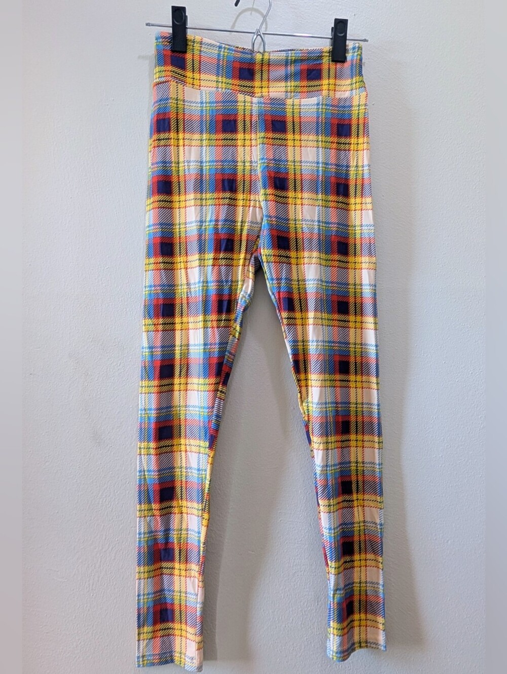 LuLaRoe One Size 10-12 Ankle Leggings Stretch Elastic Waist Multicolor Plaid EUC